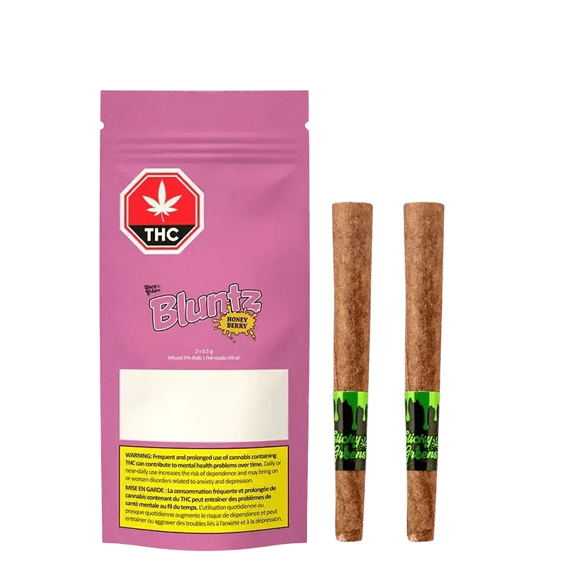 Close-up of the Honey Berry Bluntz Infused Pre Rolled 2 x 0.5 g pre-rolls, angled on a dark surface with a clear view of the packaging.