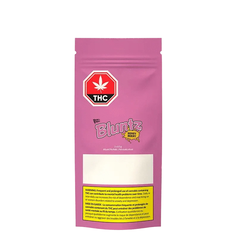 Front view of Honey Berry Bluntz Infused Pre Rolled 2 x 0.5 g packaging with a vibrant berry-themed design and bold branding.