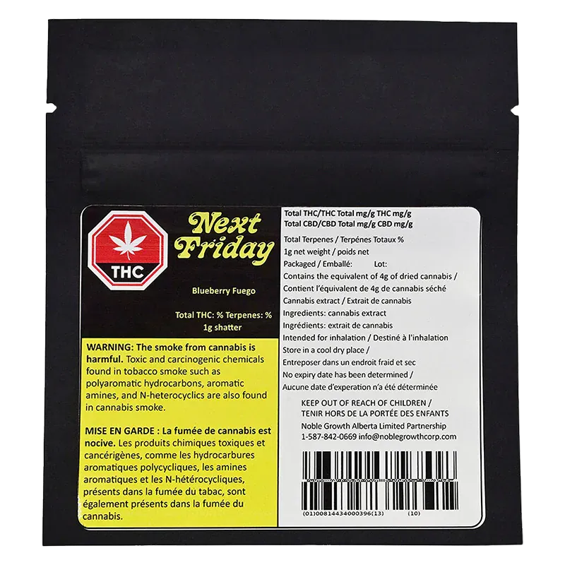 Flat front view of the black package labeled Next Friday Blueberry Fuego Shatter with warning blocks and a white ingredient panel.
