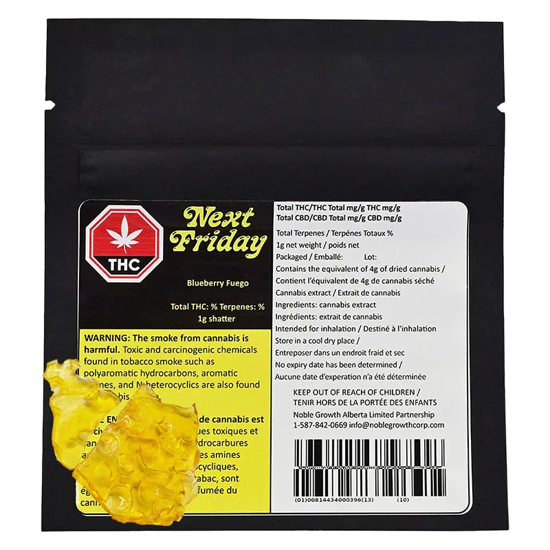 Flat front view of the Next Friday Blueberry Fuego Shatter 1 g black resealable pouch with a yellow warning panel and two pieces of amber shatter at the lower left.