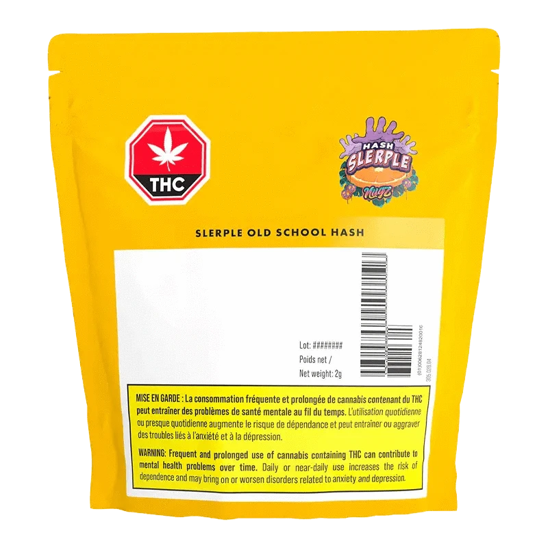 Front view of the Slerple Old School Hash packaging with a warning message, highlighting the risk of mental health issues.
