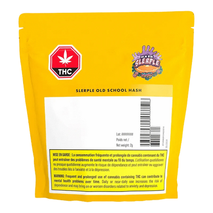 Front view of the Slerple Old School Hash packaging with a warning message, highlighting the risk of mental health issues.