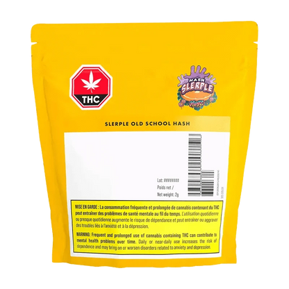 G Sherb Old School Traditional Hash displayed in a close-up, with text in French on a dark background.