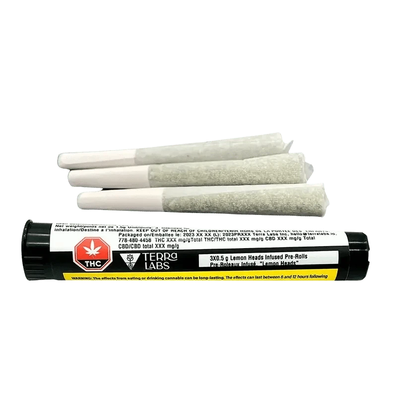 Close-up of the Lemon Heads Live Resin Infused Pre Rolled 3 x 0.5 g packaging with bright label details against a dark background.