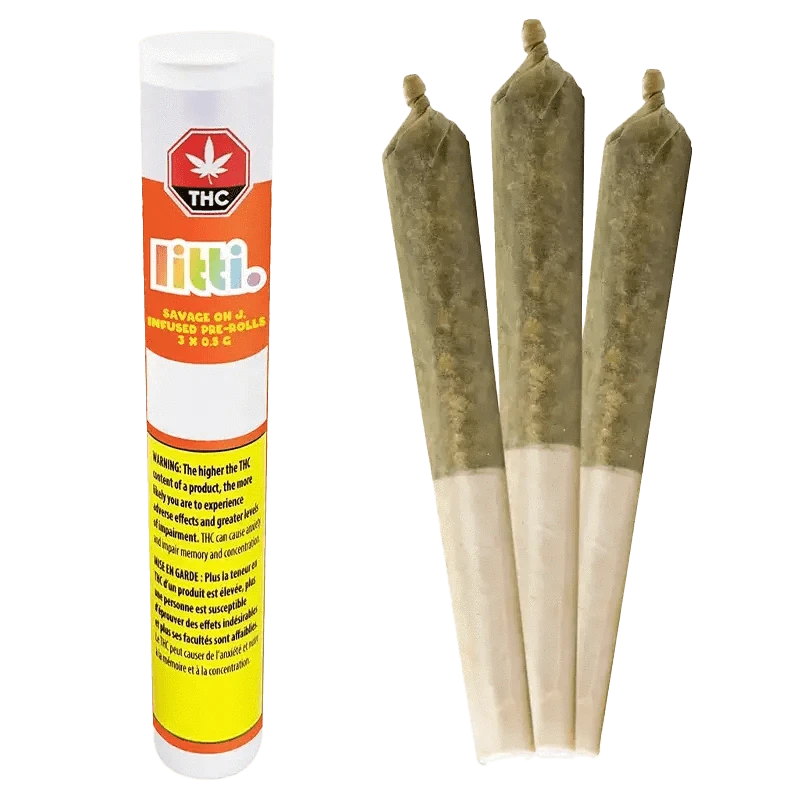 Close-up of three Savage Oh J Infused Pre Rolled 0.5 g pre-rolled joints, angled against a dark background with branding visible.