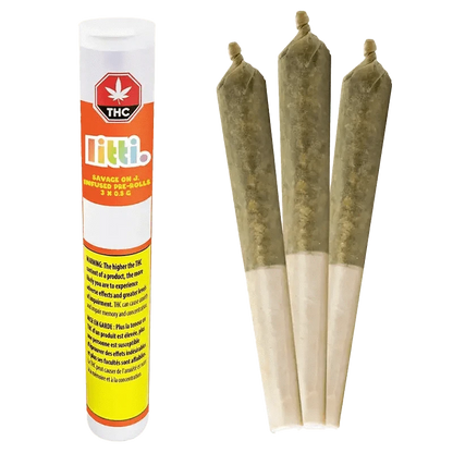 Close-up of three Savage Oh J Infused Pre Rolled 0.5 g pre-rolled joints, angled against a dark background with branding visible.