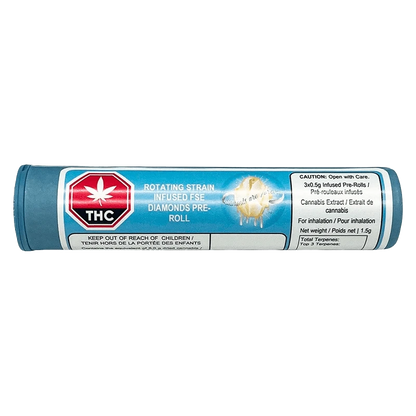 Close-up of the Slurricane Infused Pre Rolled 3 x 0.5 g packaging, showing a vibrant design with caution labels and product information.