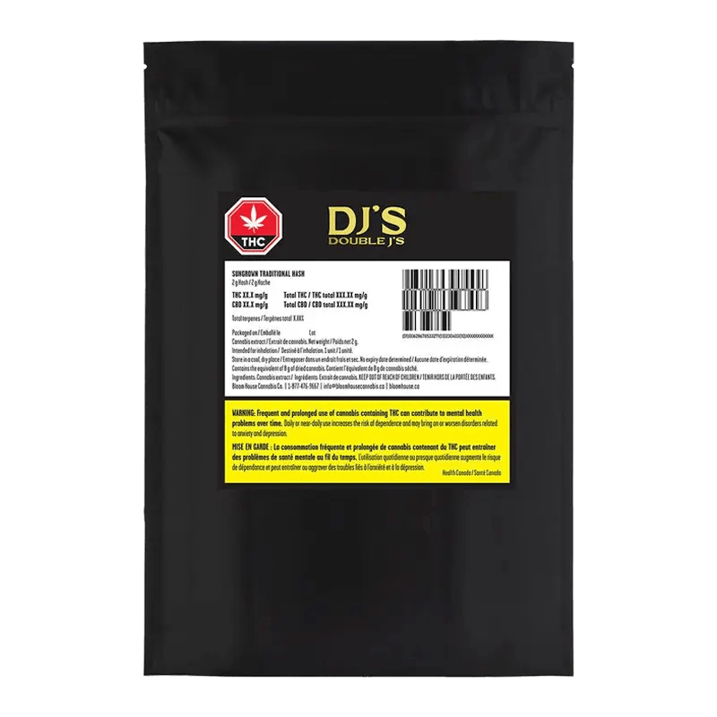 Close-up of the Sungrown Traditional Hash packaging, displaying bold lettering and a black and gold color scheme.