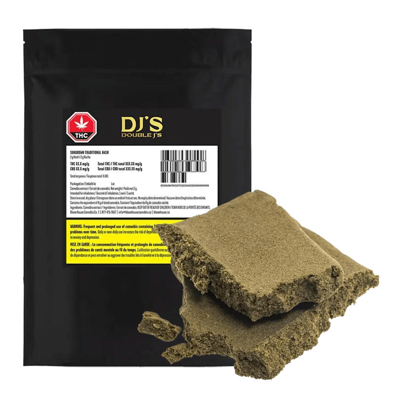 Front view of the Sungrown Traditional Hash package, displaying branding and product information on a black background.