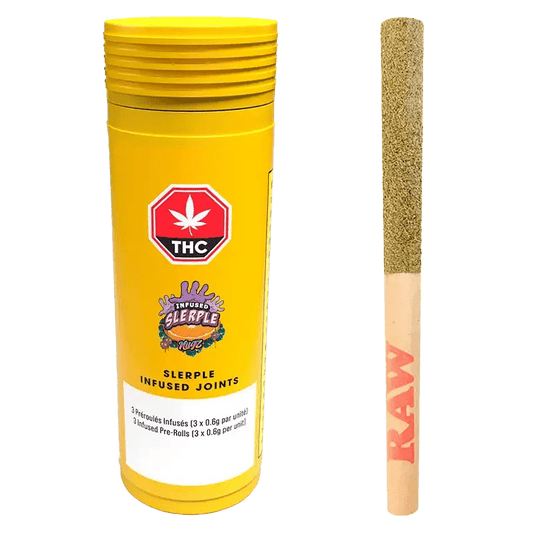 A close-up of the Slerple Infused Pre Rolled 3 x 0.6 g pre-rolls, presented in a clear plastic package against a black backdrop.