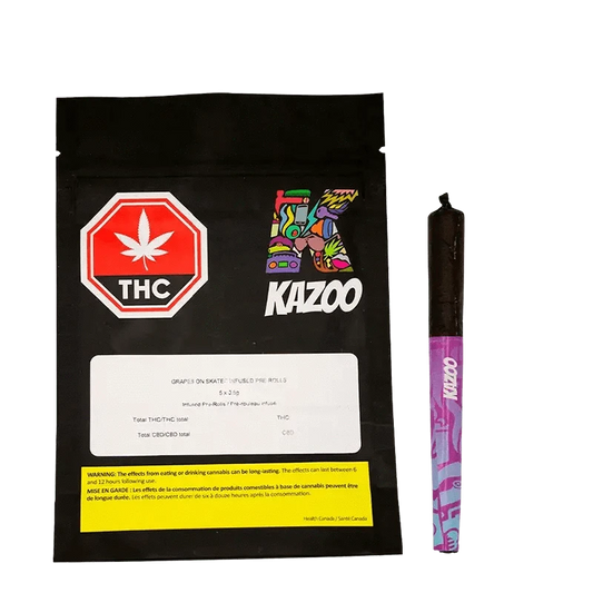 Front view of the “Grapes on Skates Infused Pre Rolled 5 x 0.5 g” packaging with bold colors and branding against a plain white background.
