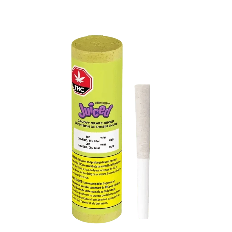 A close-up, angled view of the Groovy Grape Juiced Infused Pre Rolled 5 x 0.5 g package, featuring bold branding and purple accents.