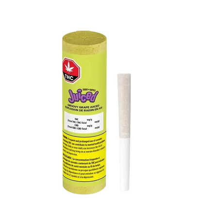 A close-up, angled view of the Groovy Grape Juiced Infused Pre Rolled 5 x 0.5 g package, featuring bold branding and purple accents.