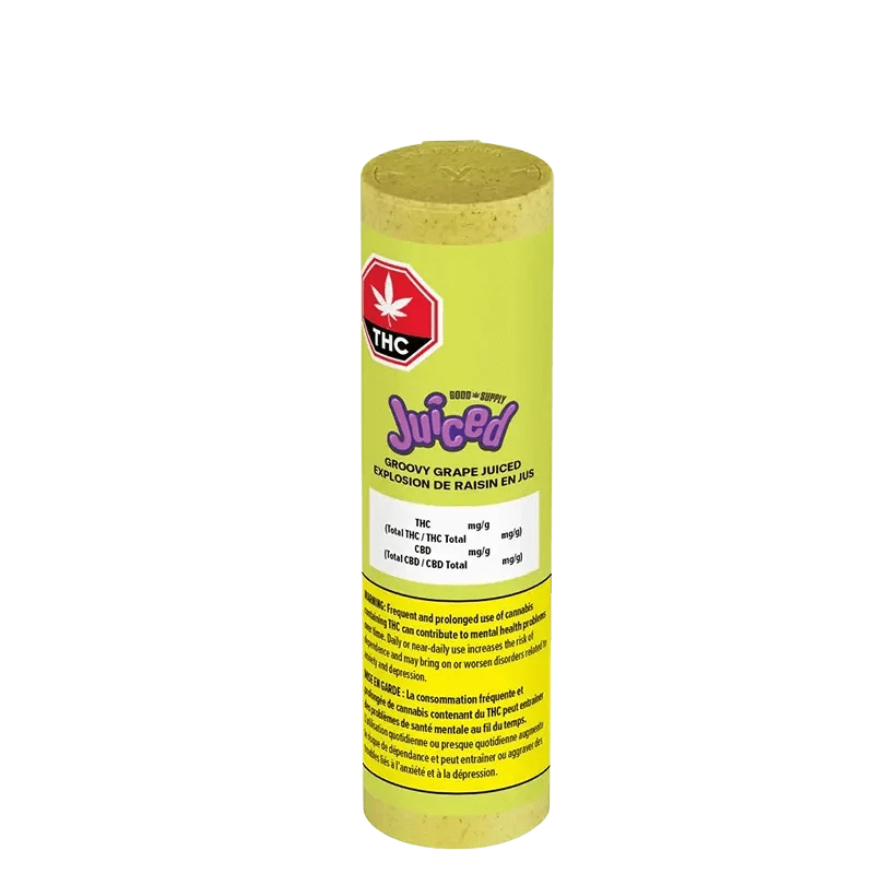 Close-up of the Groovy Grape Juiced Infused Pre Rolled 5 x 0.5 g package against a dark background, showing branding and text details.