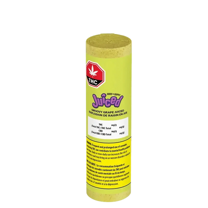 Close-up of the Groovy Grape Juiced Infused Pre Rolled 5 x 0.5 g package against a dark background, showing branding and text details.