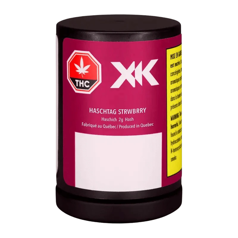 Front view of the Haschtag STRWBRRY container with vertical text on a white background, featuring a cannabis leaf logo.
