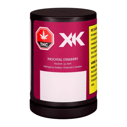 Front view of the Haschtag STRWBRRY container with vertical text on a white background, featuring a cannabis leaf logo.