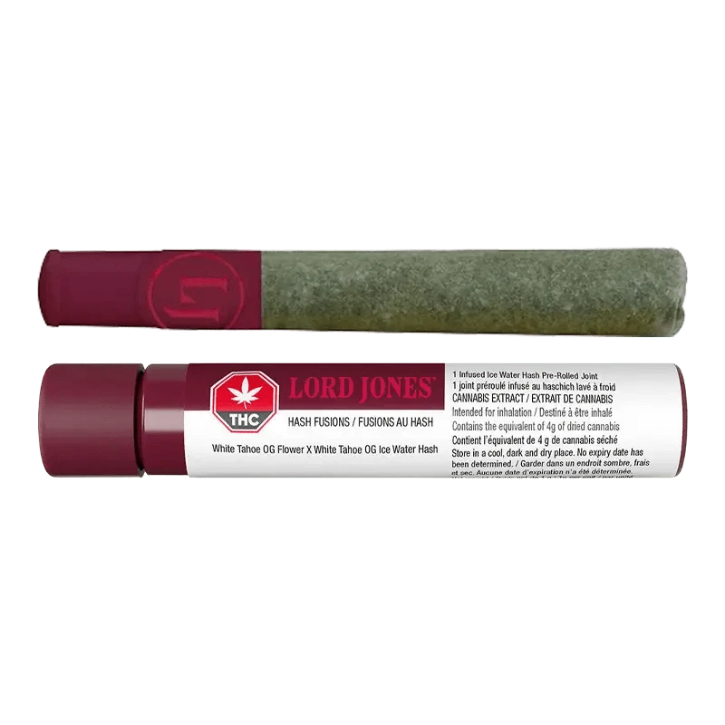 Close-up of the White Tahoe OG Infused Pre Rolled 1 x 1 g joint, with a red and white label visible against a dark background.