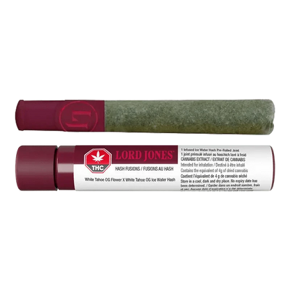 Close-up of the White Tahoe OG Infused Pre Rolled 1 x 1 g joint, with a red and white label visible against a dark background.