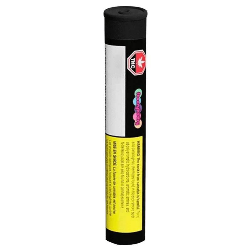Straight-on view of a black tube labeled "Gargantuan Grape Amplified Infused PR 3 x 0.5 g" with a vertical white panel, yellow warning label and a red THC symbol.