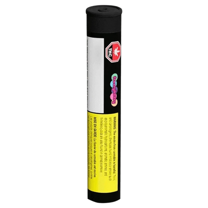Straight-on view of a black tube labeled "Gargantuan Grape Amplified Infused PR 3 x 0.5 g" with a vertical white panel, yellow warning label and a red THC symbol.