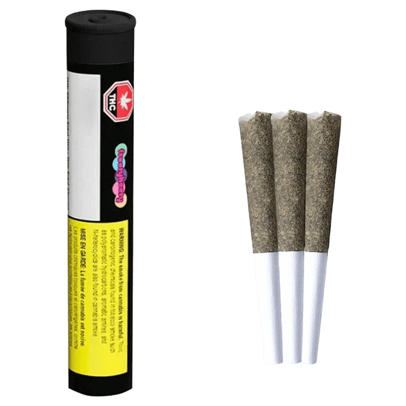 Right-side view of three pre-rolls next to a standing black tube of Gargantuan Grape Amplified Infused PR 3 x 0.5 g.