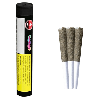 Right-side view of three pre-rolls next to a standing black tube of Gargantuan Grape Amplified Infused PR 3 x 0.5 g.