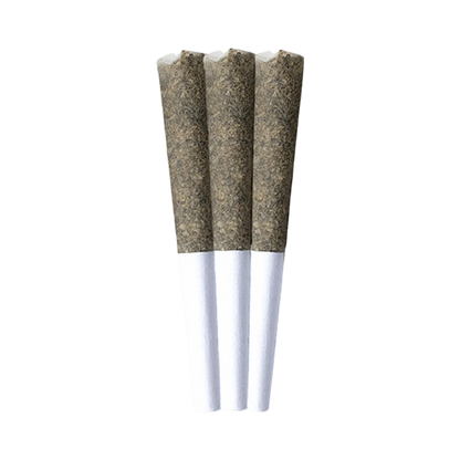 Center-aligned close-up of three pre-rolled joints titled Gargantuan Grape Amplified Infused PR 3 x 0.5 g, showing textured grape-colored tips and white paper bases