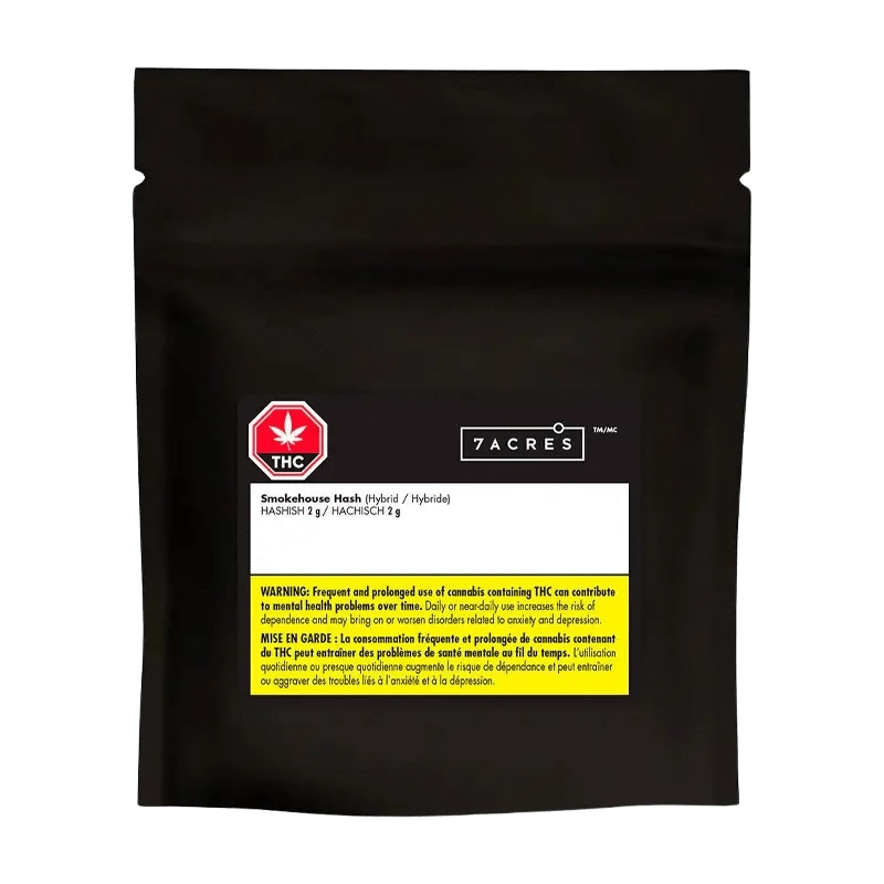 Front view of the Smokehouse Hash packaging, displaying branding and product details against a dark background.