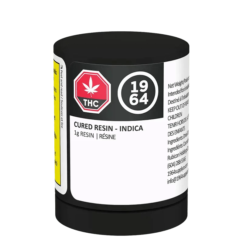 Front view of the Indica Cured Resin packaging, displaying text and branding in a vertical arrangement against a white backdrop.