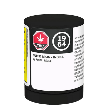 Front view of the Indica Cured Resin packaging, displaying text and branding in a vertical arrangement against a white backdrop.