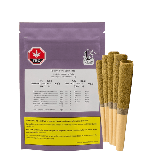 Close-up of the Peachy Pom Bellinii Infused Pre Rolled 5 x 0.5 g packaging against a black background, featuring warning text and branding.