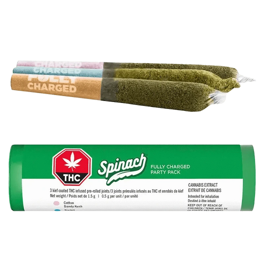 Close-up of the Fully Charged Party Pack Infused Pre Rolled 3 x 0.5 g packaging, showcasing a colorful, angled design with bold text.