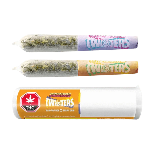 Front view of the Twisters-Blud Orange & Berry Drip Infused Pre Rolled 2 x 0.5 g packaging, featuring a vibrant, colorful design.