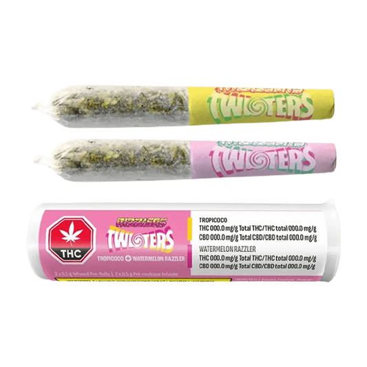Twisters-Tropicoco & Watermelon Infused Pre Rolled 2 x 0.5 g, a close-up shot of two colorful, twisted prerolls against a simple white background.