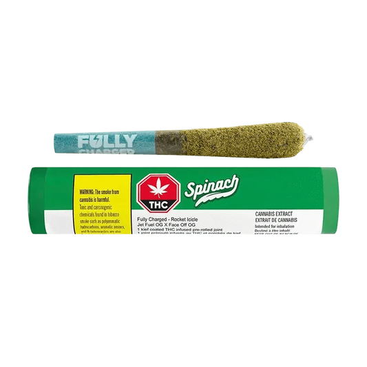 Front view of the Fully Charged Rocket Icicle Infused Pre Rolled 1 x 0.7 g package with bright colors and bold text, angled slightly to the left.