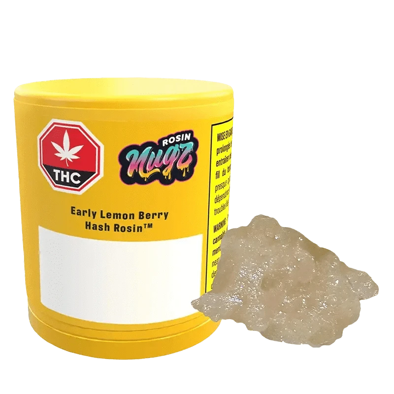 Front view of Early Lemon Berry Fresh Frozen Hash Rosin, in a clear container with a colorful label on a white background.