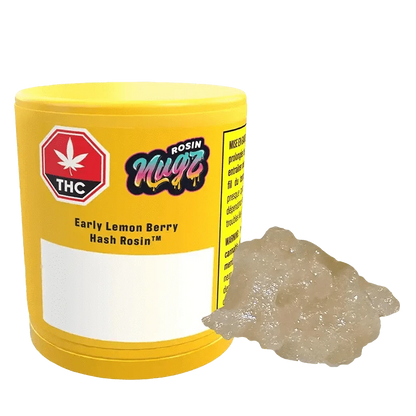 Front view of Early Lemon Berry Fresh Frozen Hash Rosin, in a clear container with a colorful label on a white background.