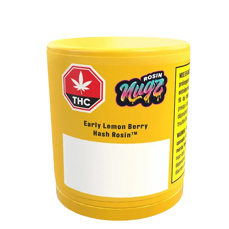 Front view of the Early Lemon Berry Fresh Frozen Hash Rosin container, displaying text in a modern, graphic design.