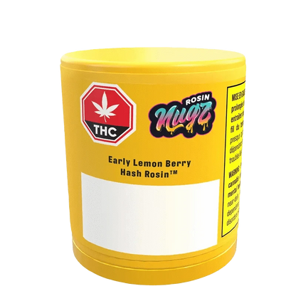 Front view of the Early Lemon Berry Fresh Frozen Hash Rosin container, displaying text in a modern, graphic design.