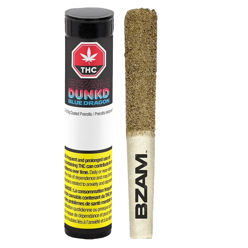 Close-up of the Blue Dragon Terp Infused Pre Rolled 3 x 0.5 g packaging, showcasing bold graphics against a dark background.