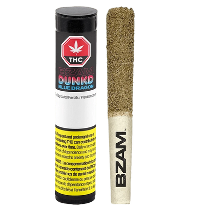 Close-up of the Blue Dragon Terp Infused Pre Rolled 3 x 0.5 g packaging, showcasing bold graphics against a dark background.