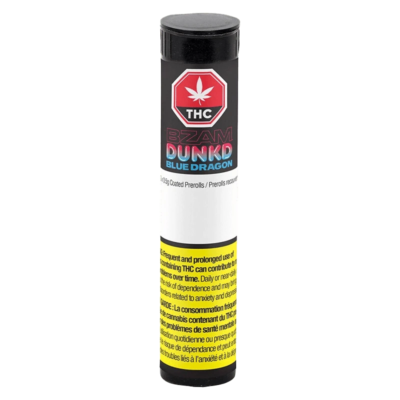 Front view of the Blue Dragon Terp Infused Pre Rolled 3 x 0.5 g package with a red and black design and prominent THC symbol.