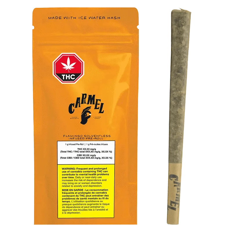 Flamingo Solventless Infused Pre Rolled 1 x 1 g packaging features bold red text on a black background with cannabis leaf iconography.