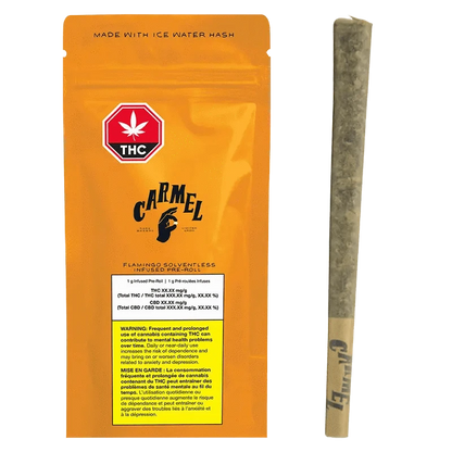 Flamingo Solventless Infused Pre Rolled 1 x 1 g packaging features bold red text on a black background with cannabis leaf iconography.