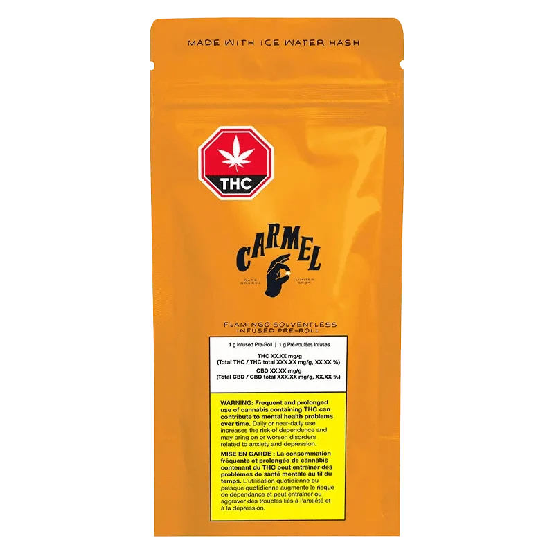 Flamingo Solventless Infused Pre Rolled 1 x 1 g packaging displays a warning message against frequent use, set against a black background.