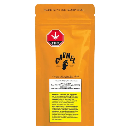 Flamingo Solventless Infused Pre Rolled 1 x 1 g packaging displays a warning message against frequent use, set against a black background.