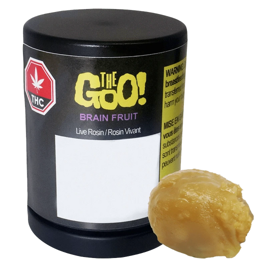 Close-up of Brain Fruit Live Rosin in a clear container, showcasing its golden hue and the product’s branding on the label.