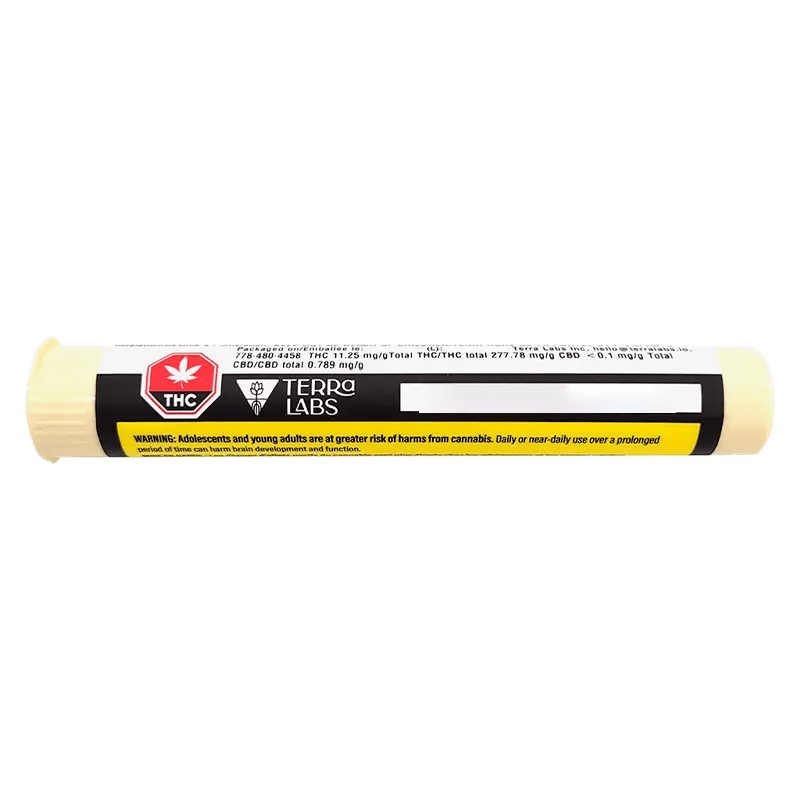 Front view of the Frosted Oranges Infused Pre Rolled packaging, displaying product details on a black background.