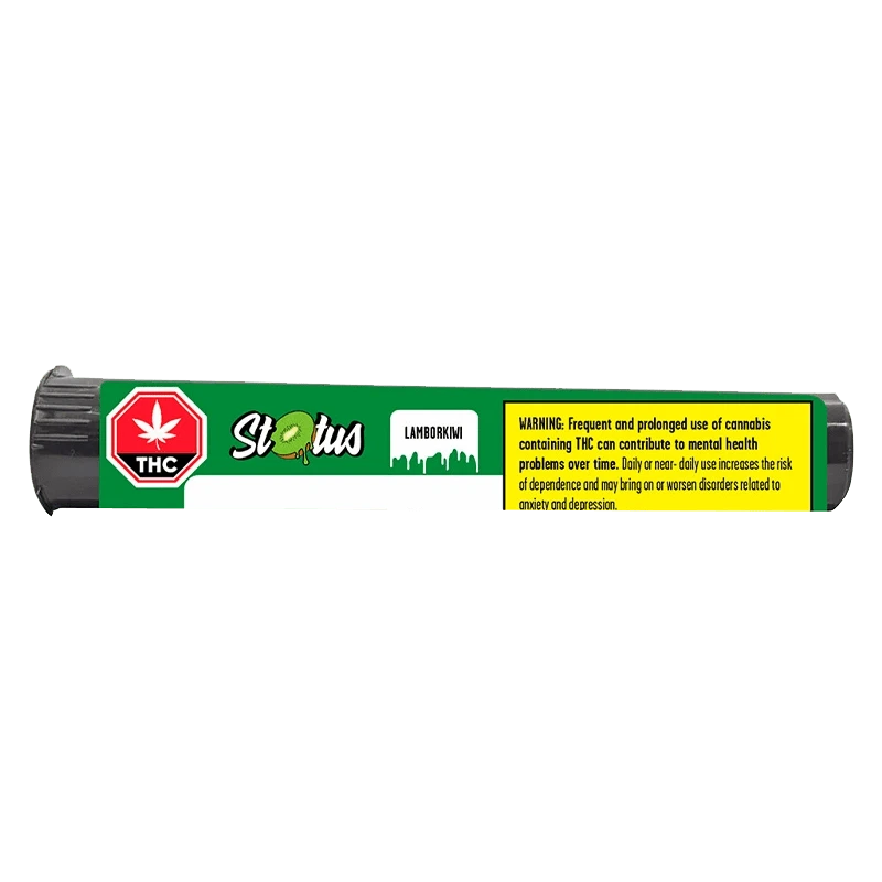 Horizontal close-up of the green Lamborkiwi Liquid Diamond Infused PR 1 x 1 g tube label with brand logo, THC symbol, and yellow warning box.
